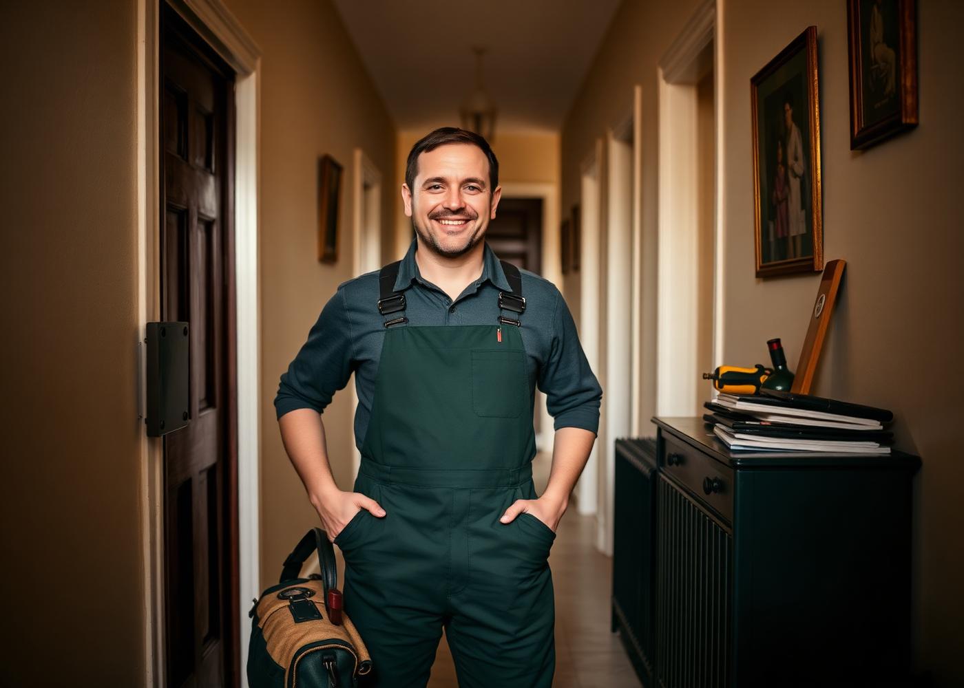 A tradesperson in work overalls arriving at a London home with a toolbag
